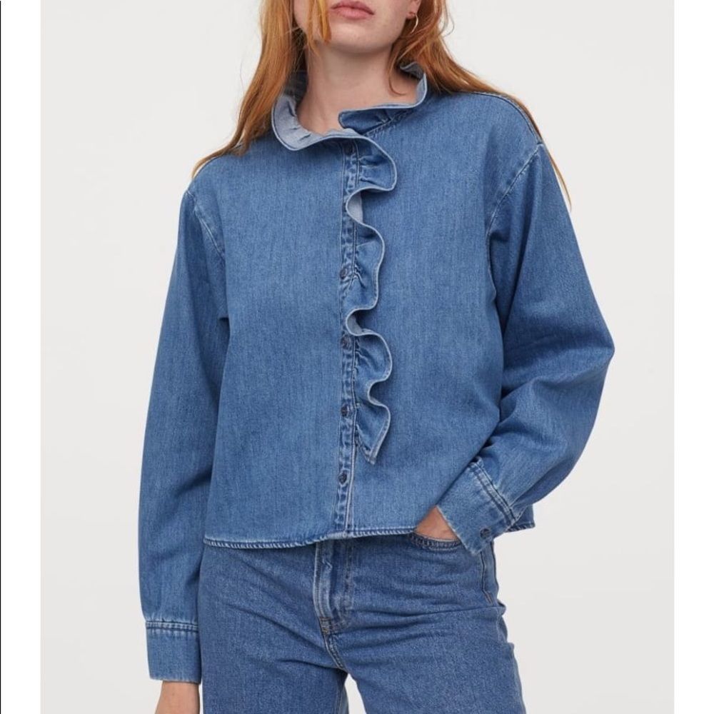 H&M Denim Ruffle Button Up Blouse